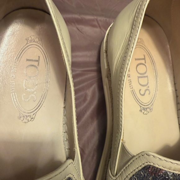 Tod's Cream Leather Silver Sequin Embellished Espadrille Loafers Size 37/7 - Picture 12 of 15